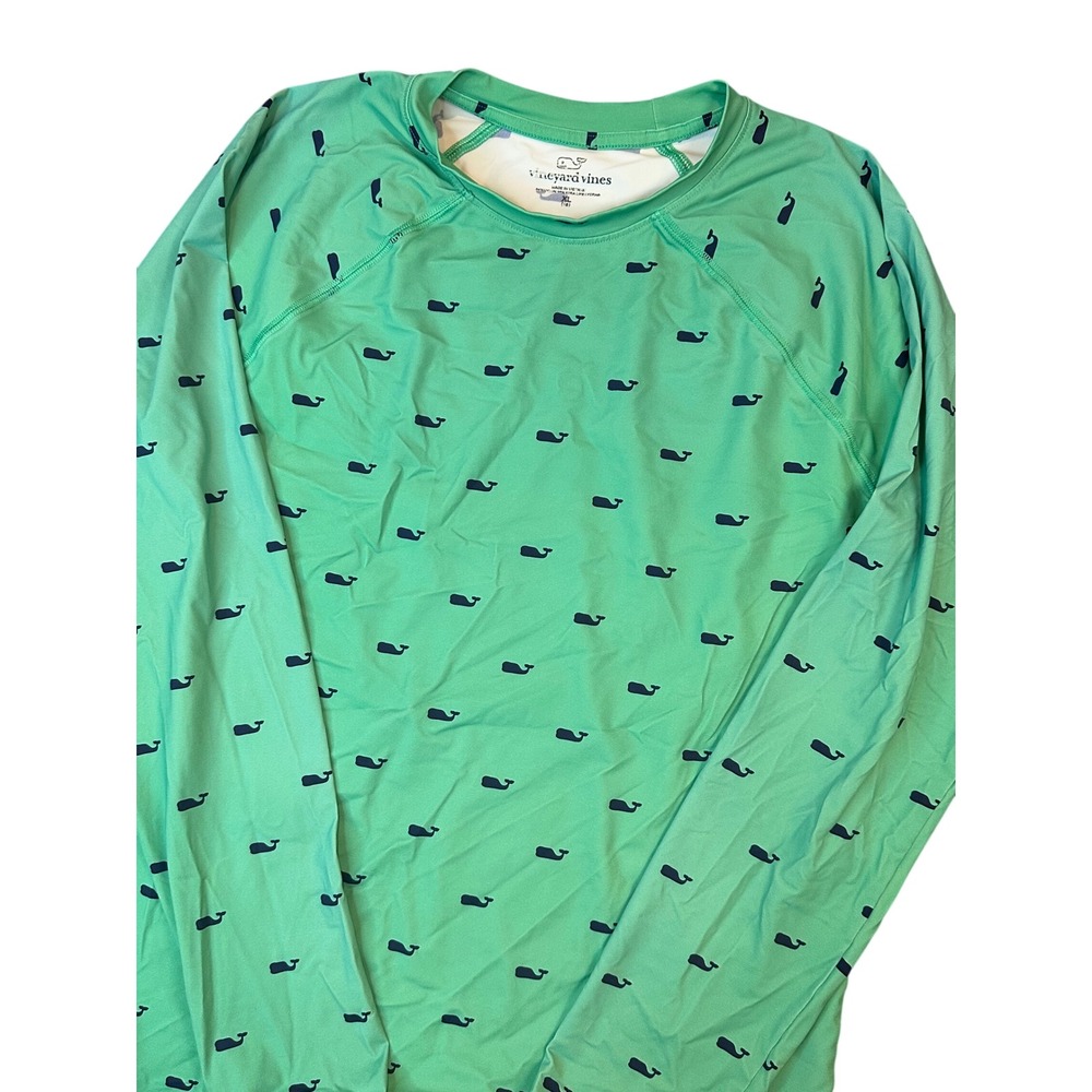 Vineyard Vines Boys XL 18 Green Navy Whale Print Long Sleeve Rash Guard Shirt